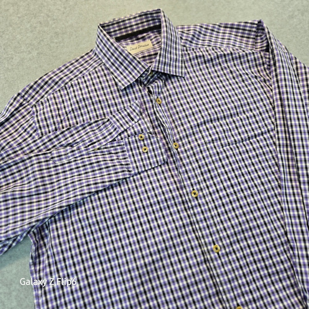 David Donahue Mens Large Purple Black Check Cotton Button Down Shirt Pocket